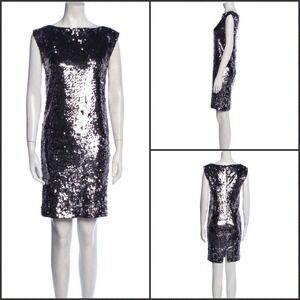 Alice + Olivia Gunmetal Silver Sequin Bateau Neck Sheath Party Dress Size S